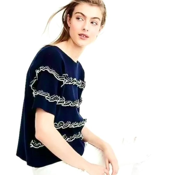 J. Crew Tiered Ruffle Boatneck Sweater- Navy & Ivory- Size Medium - Picture 3 of 13